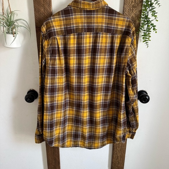 Y2K George Men’s XL Plaid Button-Up Flannel Shirt Yellow and Brown Pockets - Picture 5 of 15